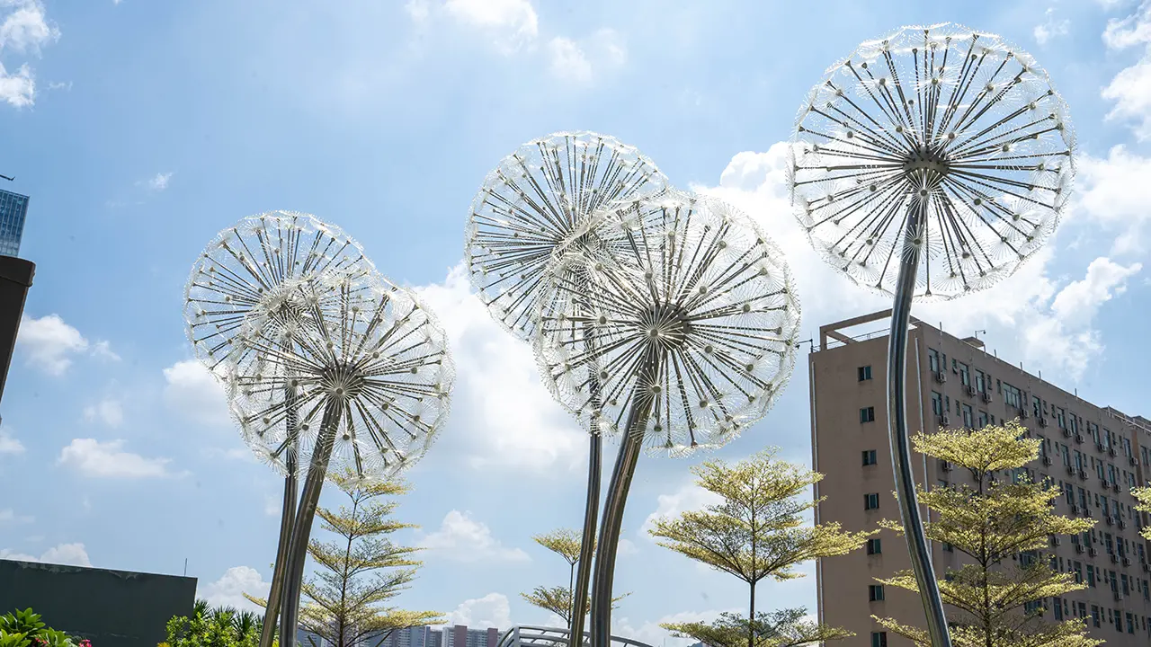 Outdoor park square green space glowing stainless steel dandelion sculpture (2)