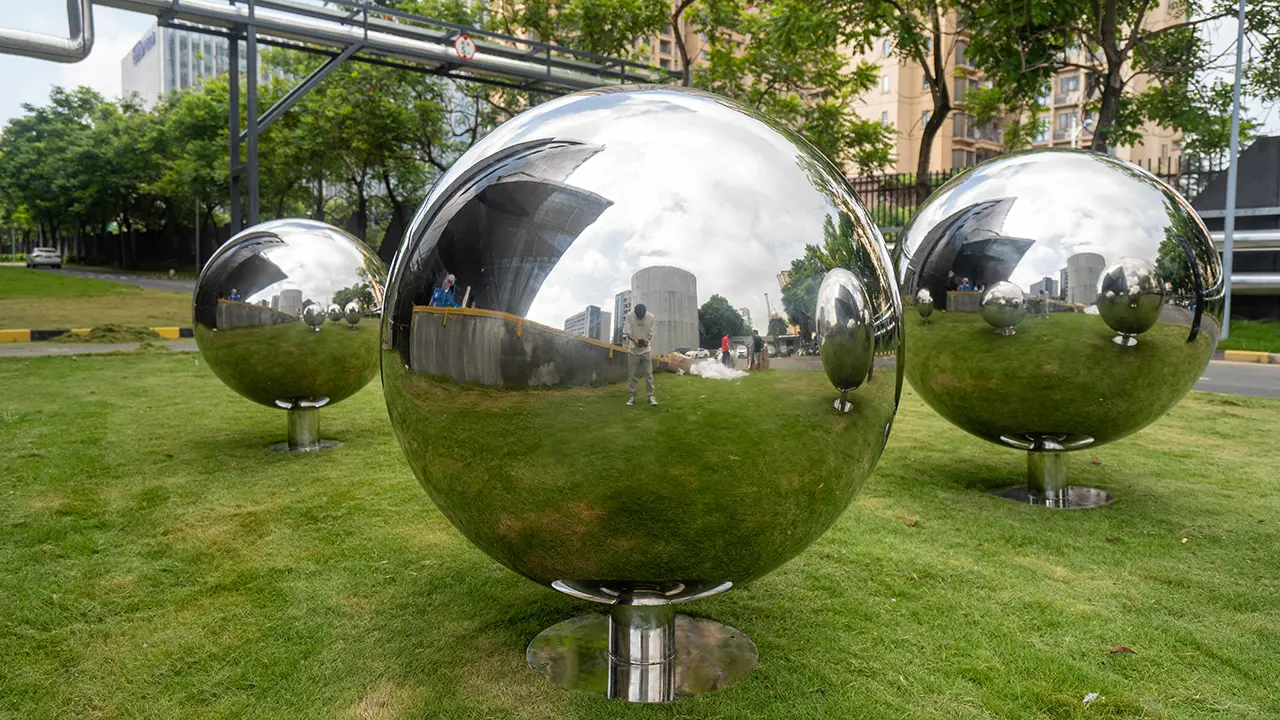 Outdoor garden metal sculpture mirror polished stainless steel sphere sculpture (3)