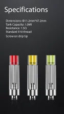Specifications Dimensions:φ11.2mm*47.2mm Tank Capacity:1.0mL Resistance:1.5Ω Standard 510 thread Srew-on drip tip