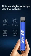 All in one single-use design with draw activated 92*14*14mm, 500+ puffs, 400mAh, 2.0ml