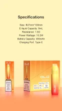 Specifications: E-liquid Capacity: 8mL Resistance: 1.0Ω Power Wattage: 10.2W Battery Capacity: 400mAh Charging Port: Type-C Size: φ27mm*108mm