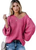 Women's Pullover Sweater Long Lantern Sleeve Loose V-neck Cold Shoulder Backless Waffle Knitted Coat