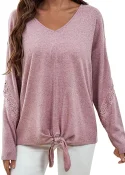 Women's Casual V Neck Long Sleeve Lightweight Solid Color Skin-Friendly Soft Knit Pullover Sweater Tops