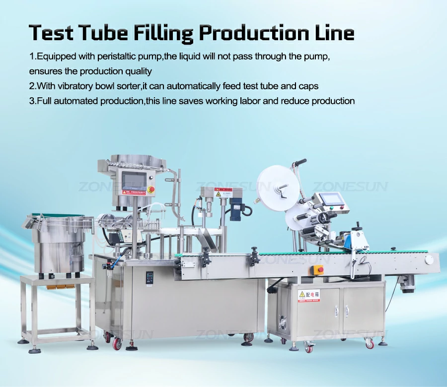 Automatic test tube filling capping labeling machine line