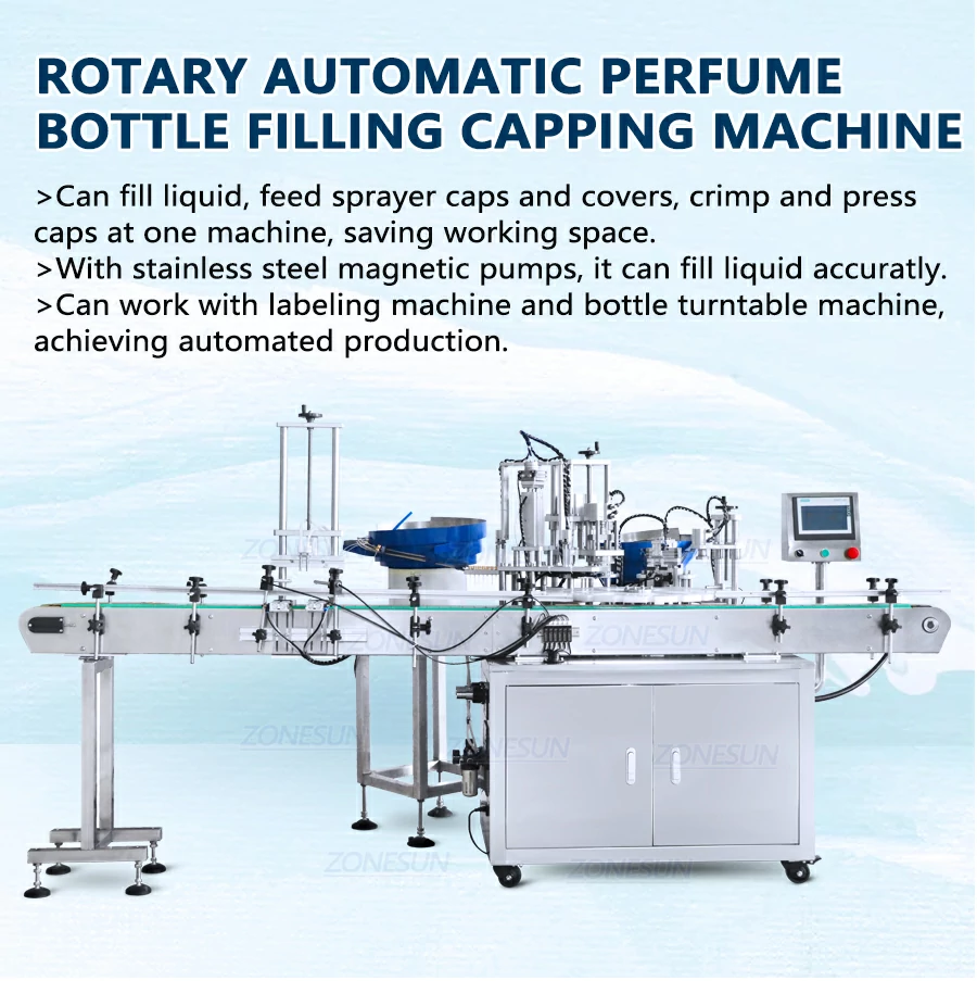Rotary automatic perfume bottle filling crimping and capping machine