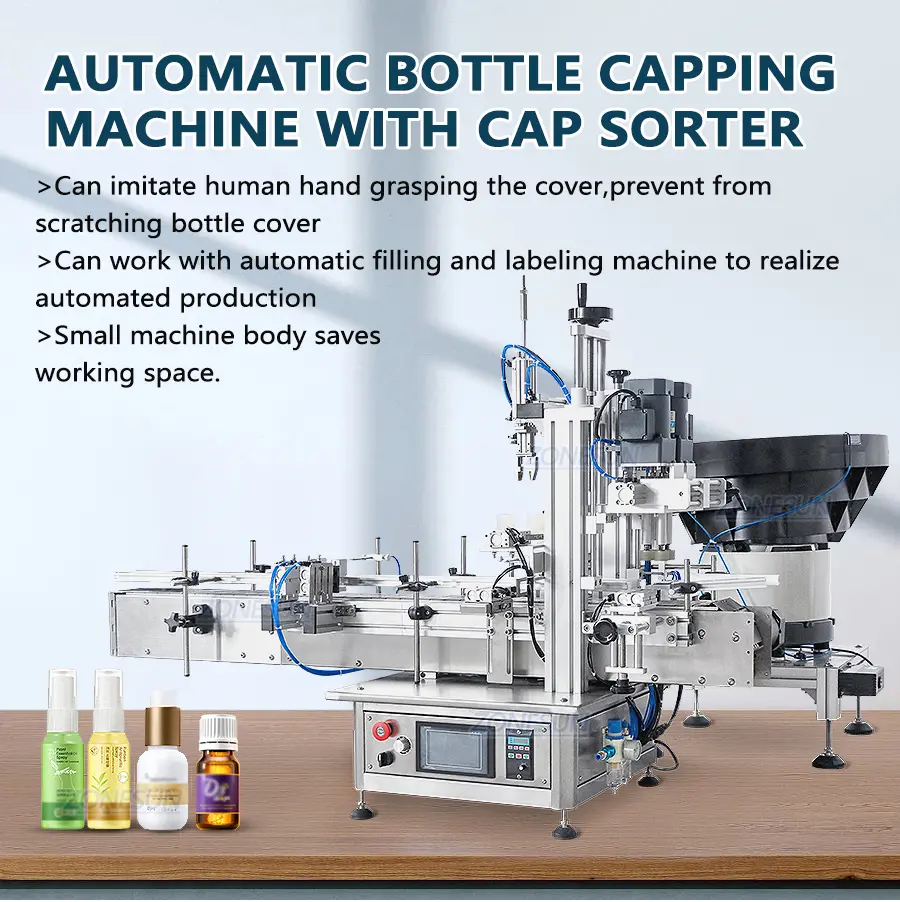 Table top automatic essential oil bottle capping machine with cap feeder