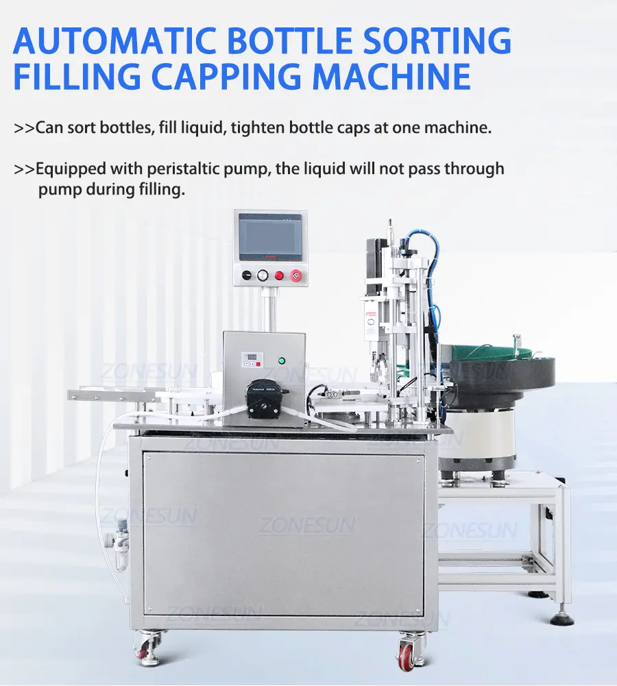 Automatic bottle unscrambling filling and capping machine