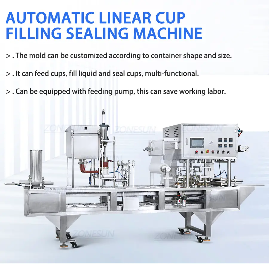 Linear automatic yogurt cup filling and sealing machine