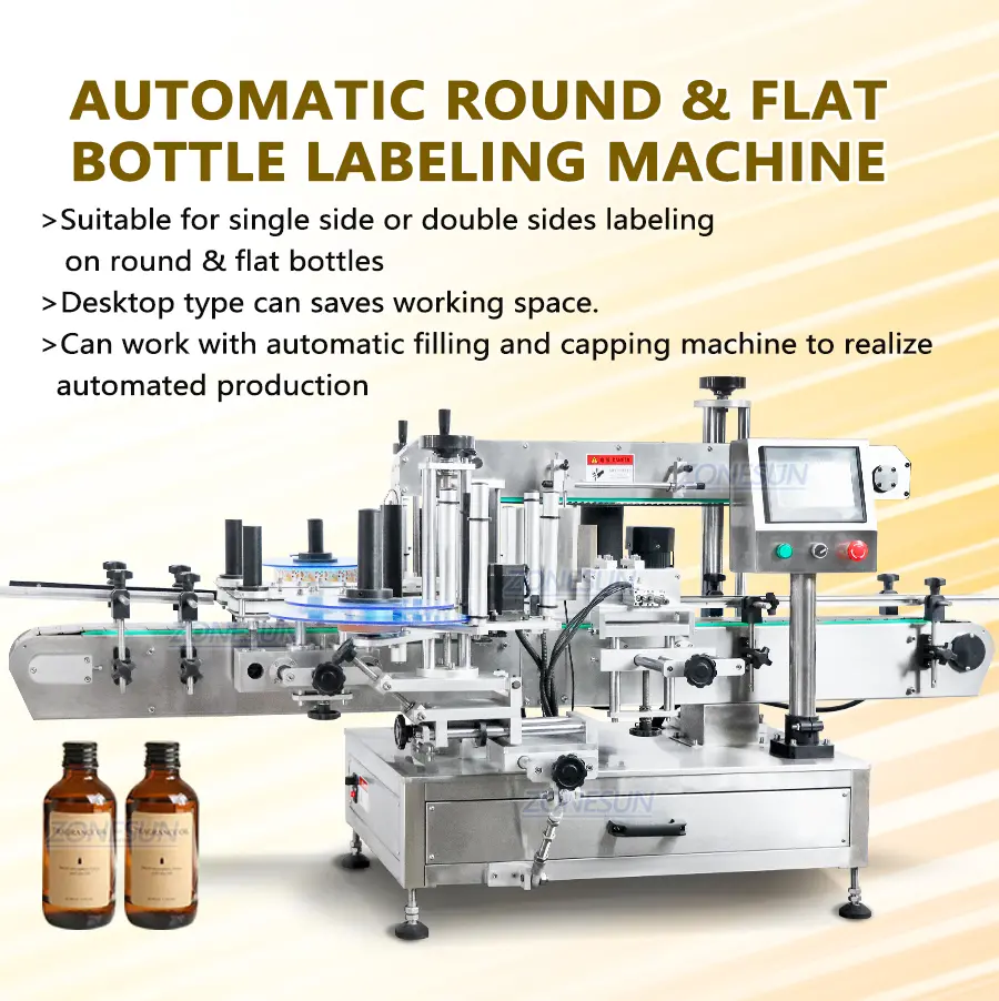 Automatic sticker labeling machine for round and square bottles