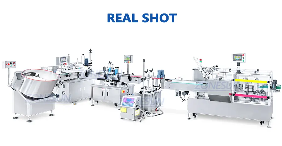 Real Shot of essential oil bottle packing line