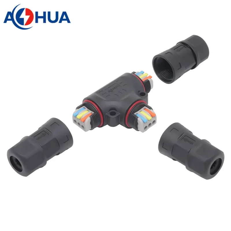 AHUA quick push wire M25 3pin waterproof splitter type T connector for power cable