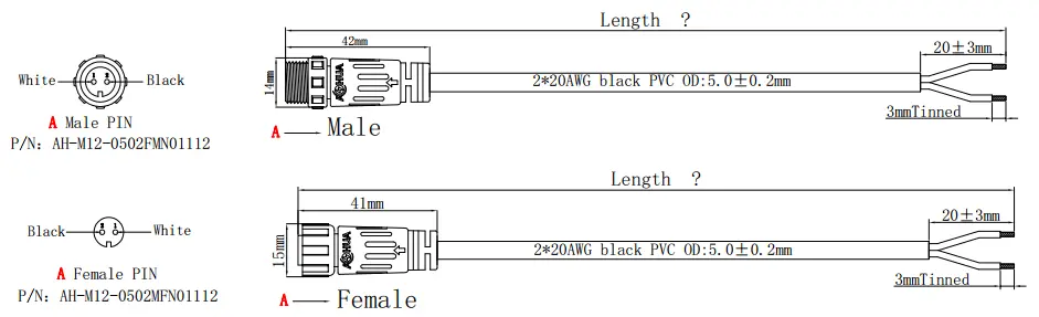 M12 2 pin wire connectors