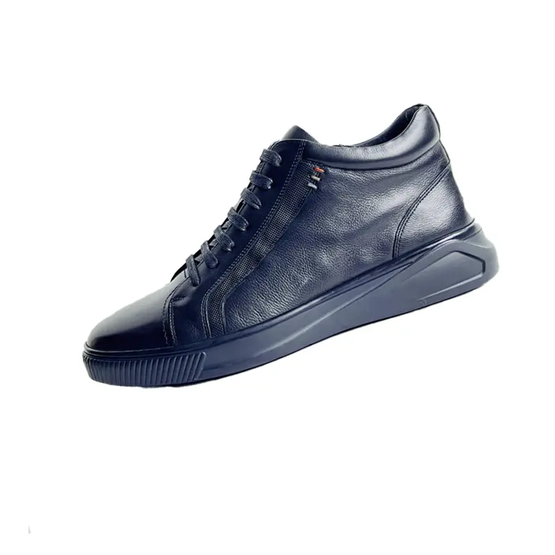 Men casual bootie shoe in black leather and black embossed leather