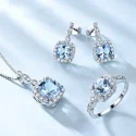 925 Sterling Silver Jewelry Set Sky Blue Topaz Ring Pendant Stud Earrings For Women Wedding (1)