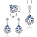 925 Sterling Silver Earrings Rings Necklaces Water Drop Blue Sapphir Gemstone Jewelry Set For Women Trendy Gift With Chain