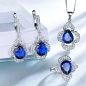 925 Sterling Silver Jewelry Set for Women Blue Sapphire Gemstone Ring Pendant Drop Earrings Female (2)