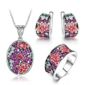 ladies silver jewelry set earrings ring necklace white CZ handmade plant flowers pure 925 sterling (1)