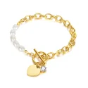 Vintage Natural Pearl Heart Charm Chain T-Bar Buckle Bracelet