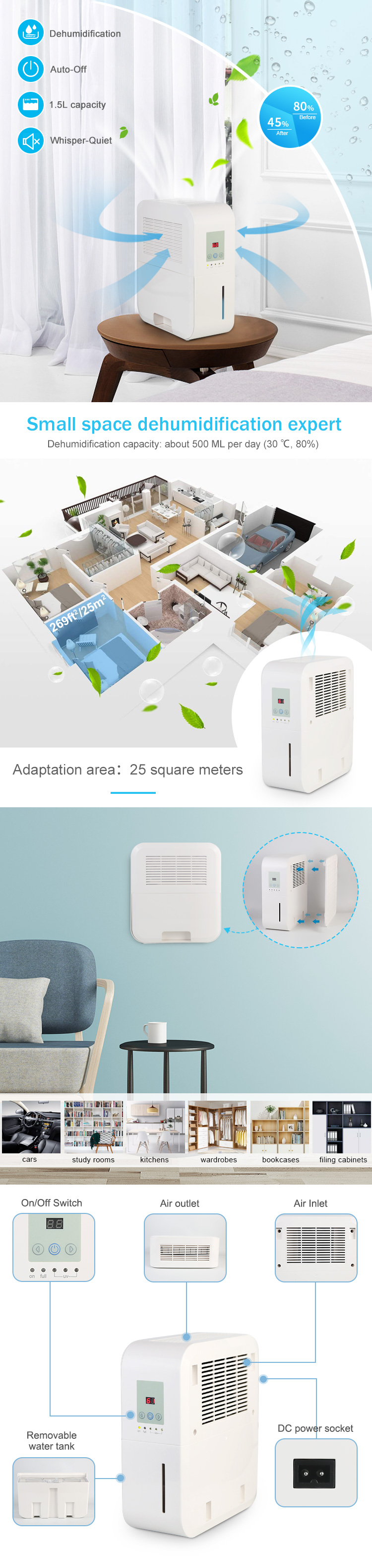 Small Digital Cool Air Dehumidifier with Humidistat