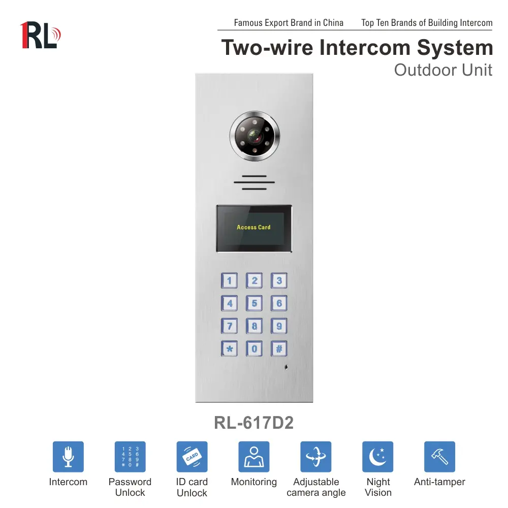 Intercom system，RL-617D2，two wires，outdoor station，password，ID card access control，back lit keypad，night vision 1