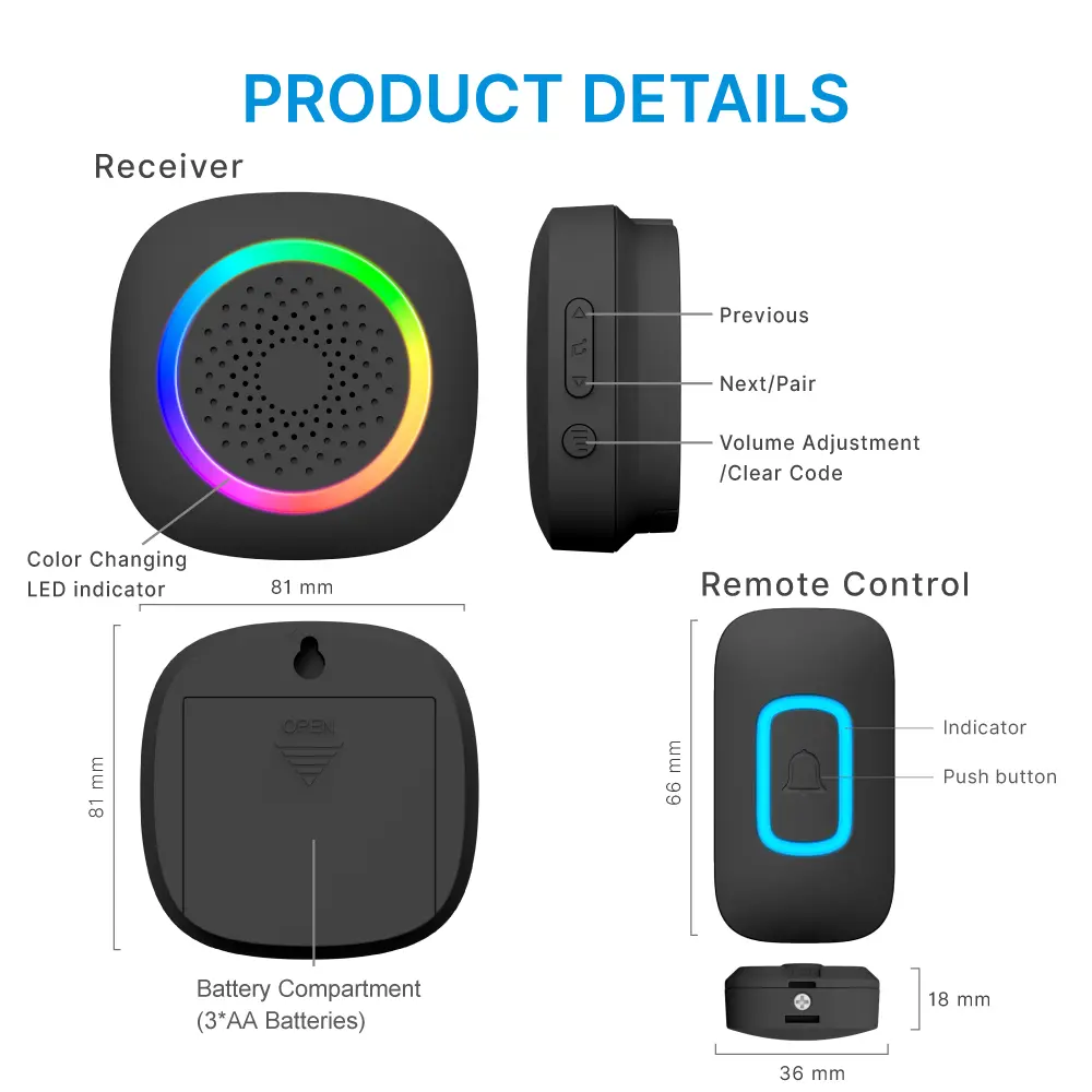 Wireless doorbell, door chime, RL-3995, battery powered, anti-interference, 60 tunes/melodies/ringtones, 433MHz, 150 meters_09