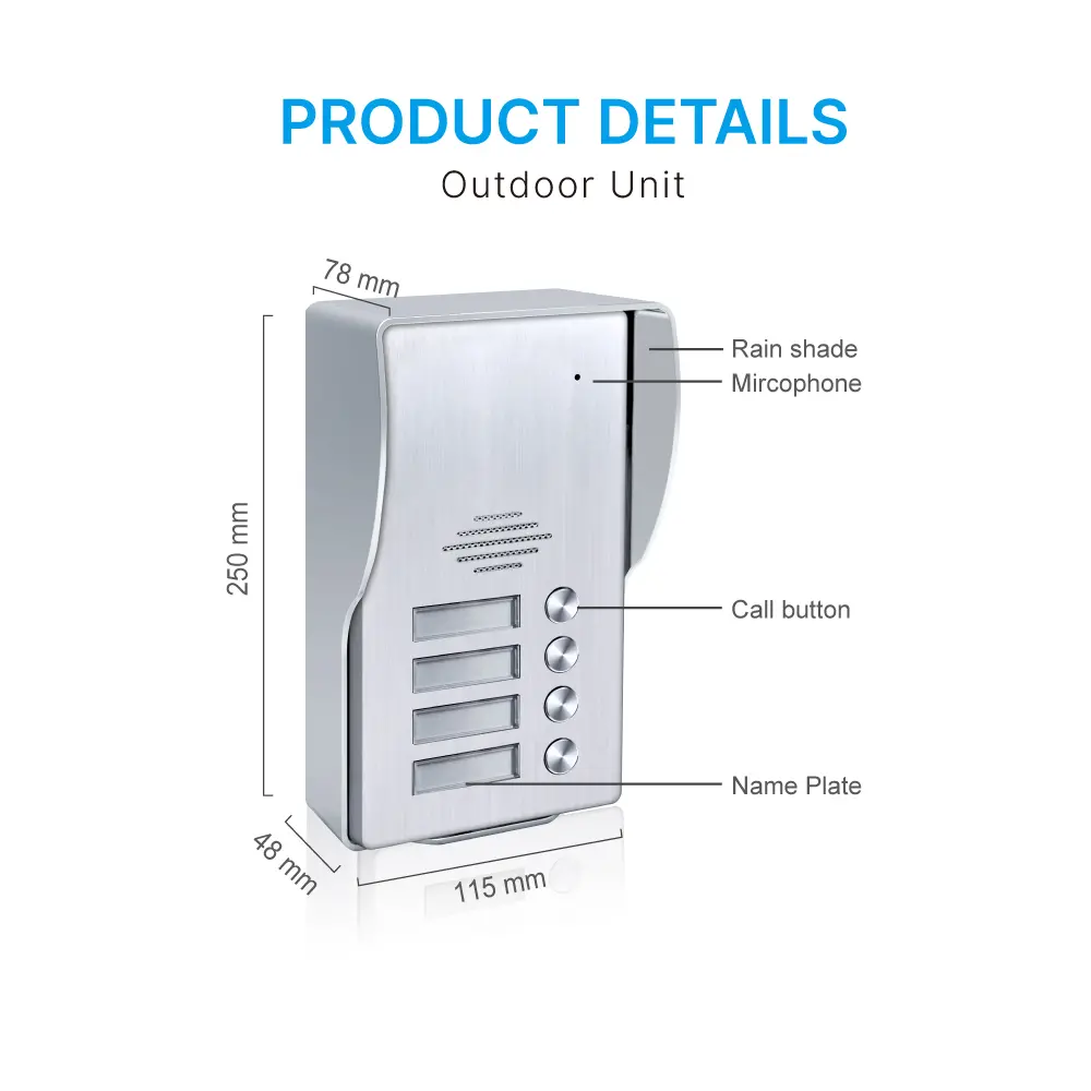 Model #RL-3212W4NV-2 ●2 wires connection ●Flush mounted installation outdoor unit ●Metal panel outdoor unit with name plate and backlight ●Adopt high quality circuit for clear intercom voice 2_04