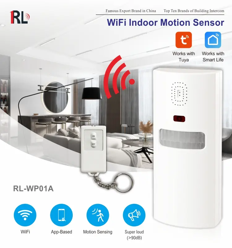 Motion sensor for smart home, RL-WP01A, with remote control, 90dB, Tuya smart, 2.4GHz WiFi, no hub needed, automation, push notification1