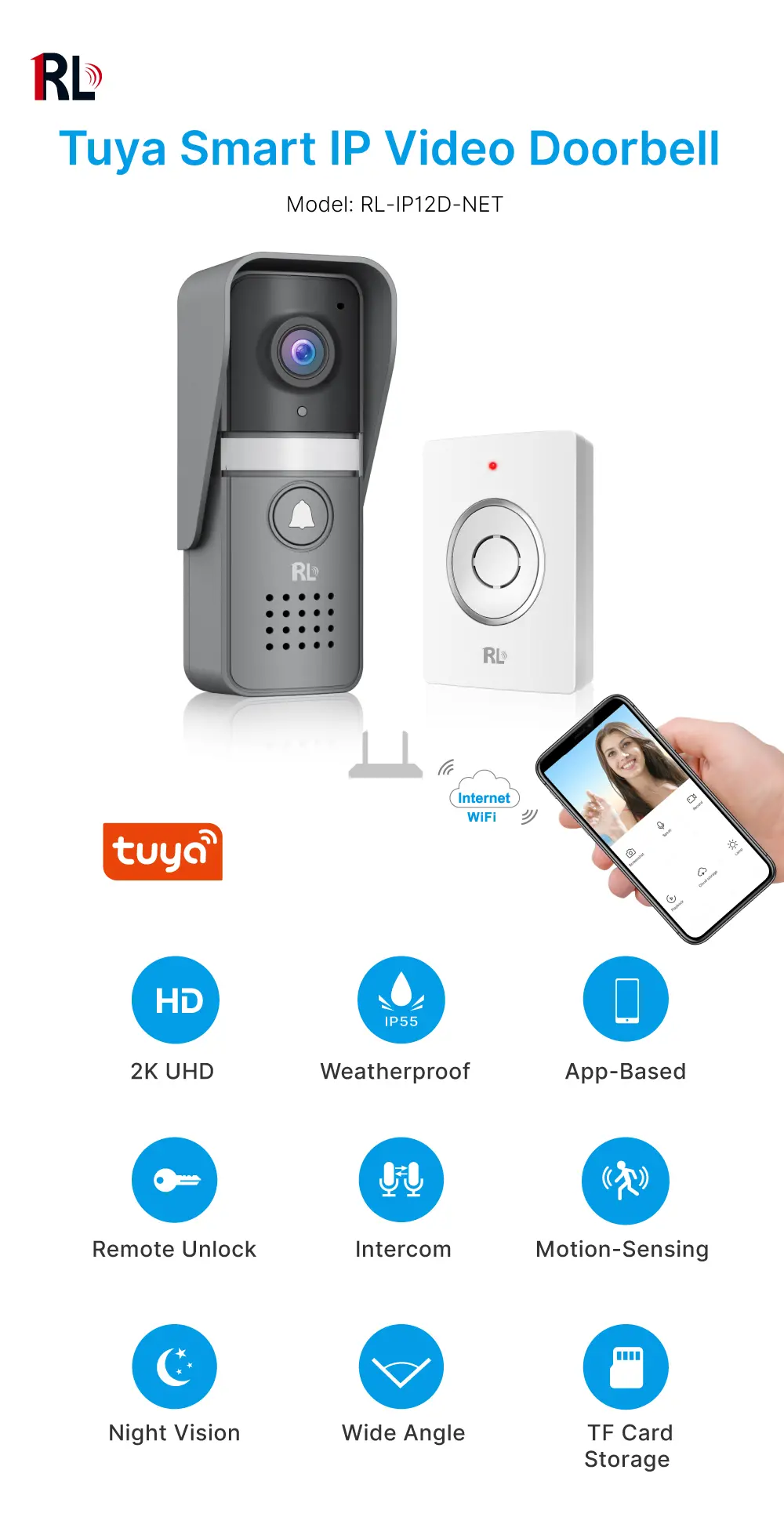 Video doorbell, RL-IP12D-NET, Tuya smart, 2.4GHz WiFi, 2K UHD camera, night vision, 128GB TF card, IP55, indoor chime (receiver) _01