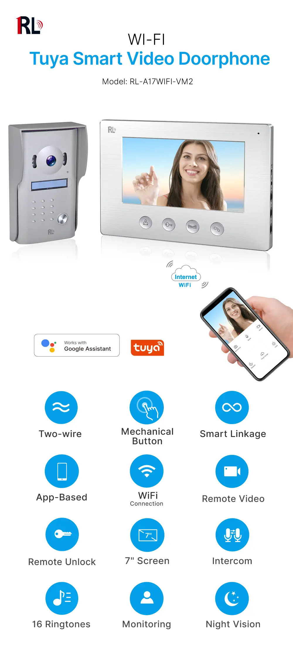 Video door phone, RL-A17WIFI-VM2, 2 wires, Tuya WiFi, 7”TFT screen, 800*480, hands-free, lock release _01