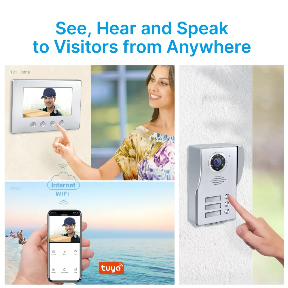 Video door phone, RL-A17W3-TY, 3 families, 4 wires, Tuya WiFi, 7” AHD screen, 1024*600, 1080P HD camera, hands-free, lock release _02