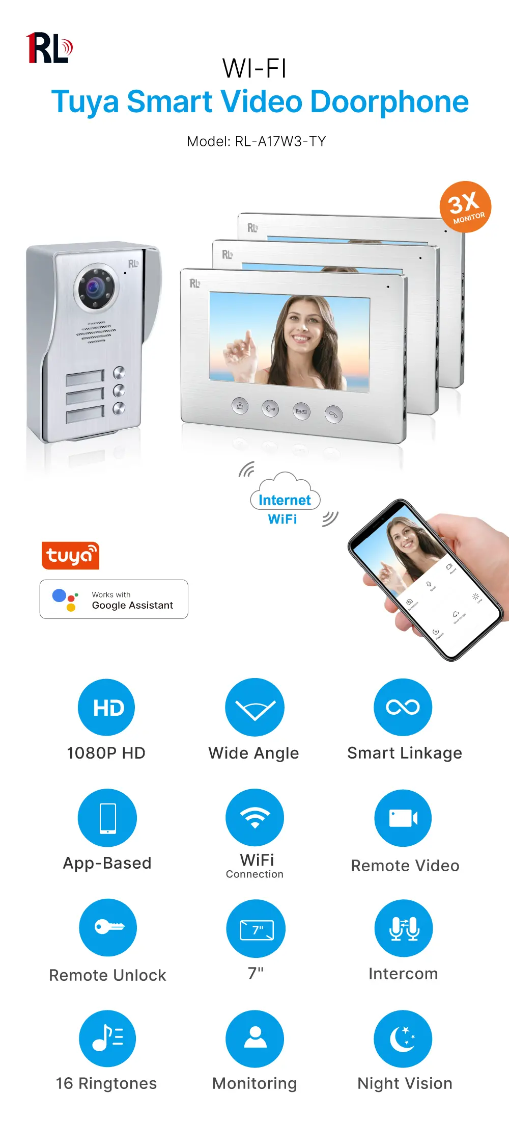 Video door phone, RL-A17W3-TY, 3 families, 4 wires, Tuya WiFi, 7” AHD screen, 1024*600, 1080P HD camera, hands-free, lock release _01
