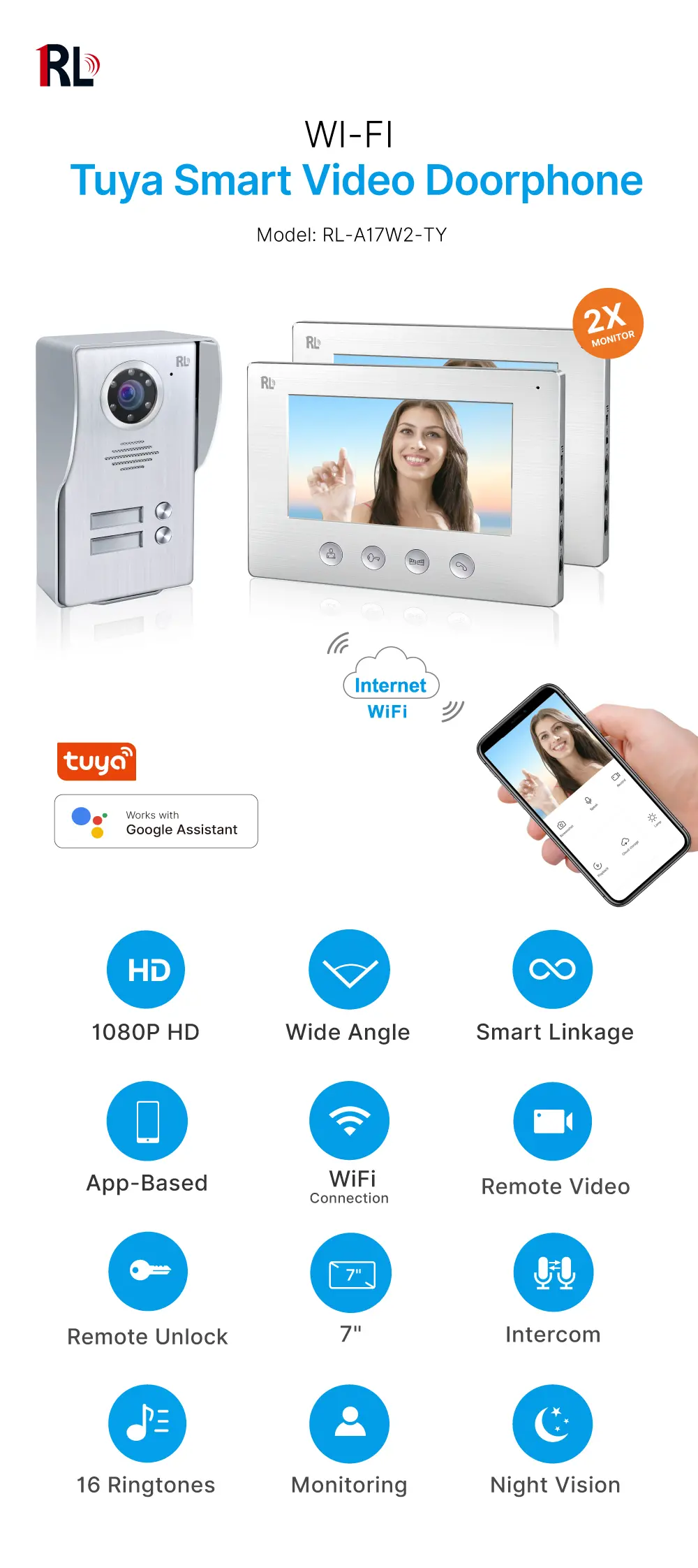 Video door phone, RL-A17W2-TY, 3 families, 4 wires, Tuya WiFi, 7” AHD screen, 1024*600, 1080P HD camera, hands-free, lock release _01