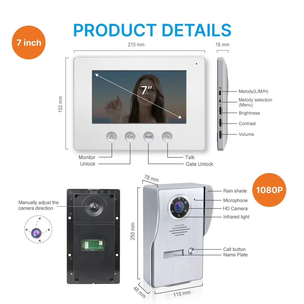 Video door phone, RL-A17W-TY, 1 family, 4 wires, Tuya WiFi, 7” AHD screen, 1024*600, 1080P HD camera, hands-free, lock release _m2