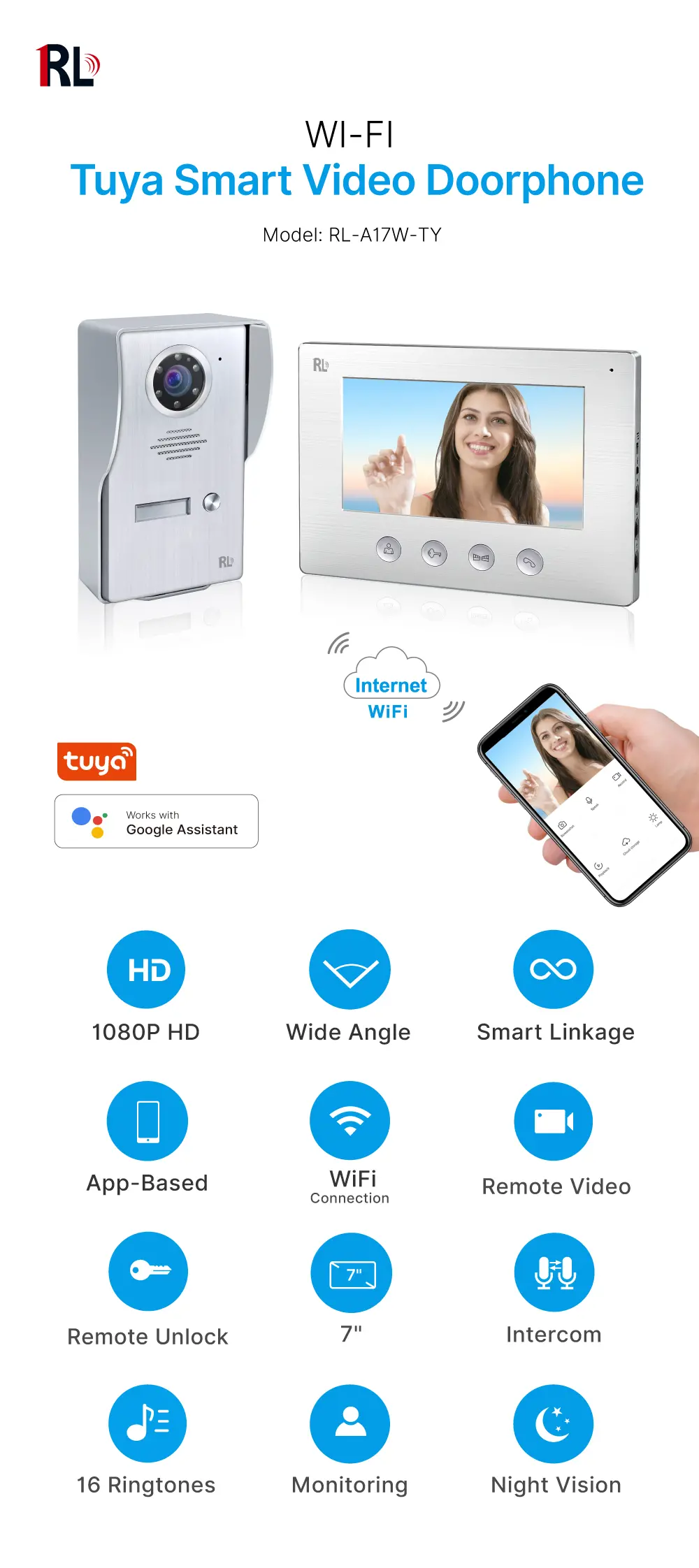 Video door phone, RL-A17W-TY, 1 family, 4 wires, Tuya WiFi, 7” AHD screen, 1024*600, 1080P HD camera, hands-free, lock release _01