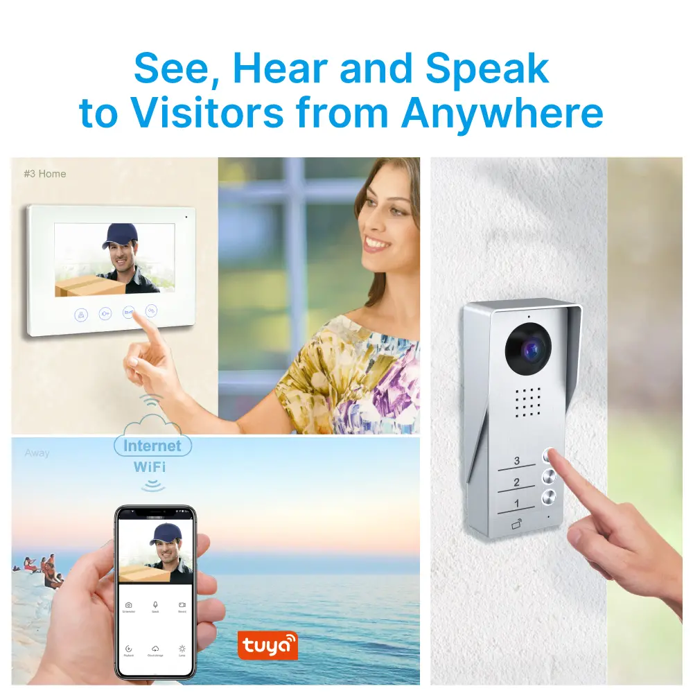 7 inch WIFI AHD Video Doorphone #RL-B17AE3-TY- Support up to 3 flats.- Camera light compensation at night. - Release the electric lock and gate lock. - With the Tuya Smart APP, you can remotely monitor, intercom and unlock. - Two million pixels AHD camera. _02