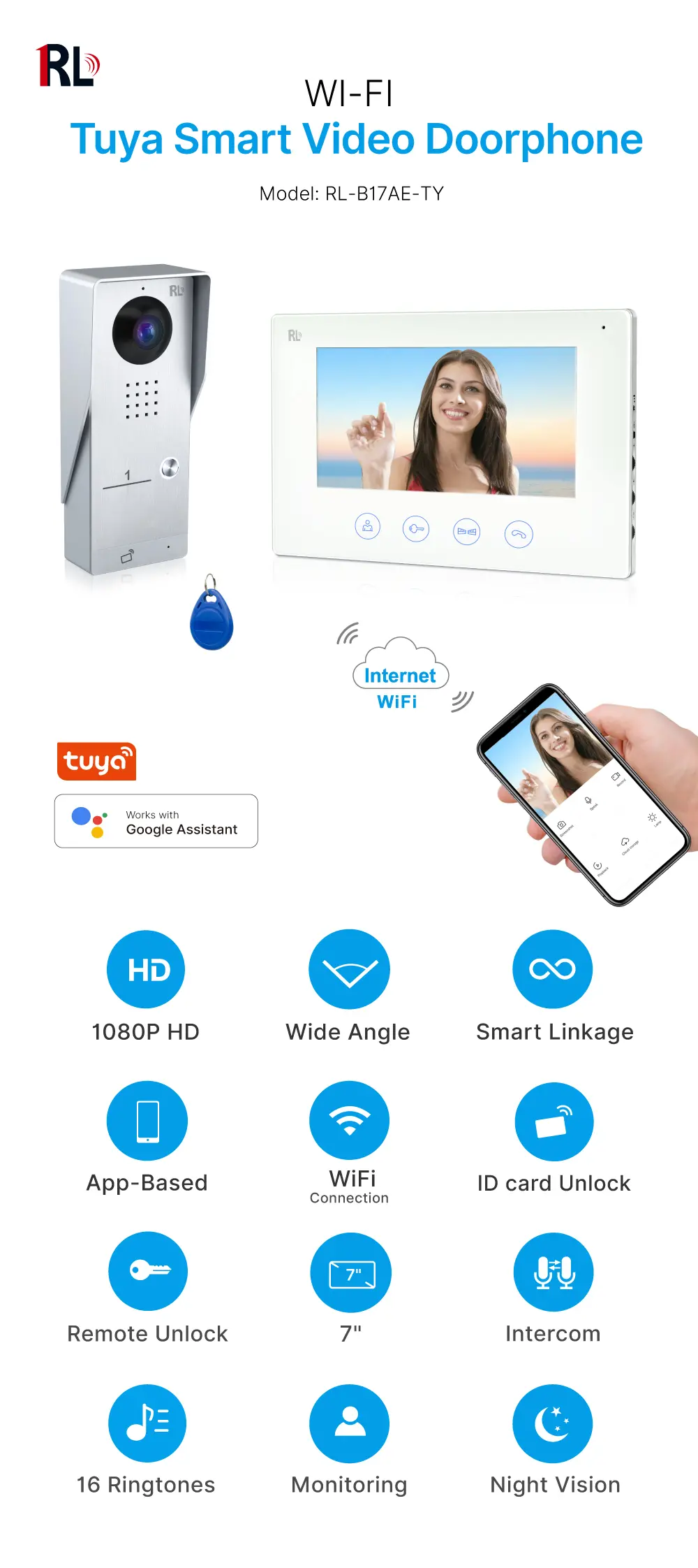 7 inch WIFI AHD Video Doorphone #RL-B17AE-TY - Camera light compensation at night. - Release the electric lock and gate lock. - With the Tuya Smart APP, you can remotely monitor, intercom and unlock. - Two million pixels AHD camera. - 16 melodies for option. _01