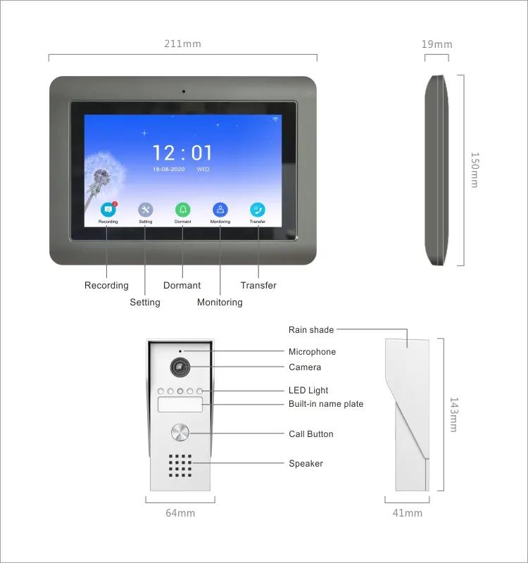 7 inch WIFI AHD Video Doorphone #RL-T07K-WIFI- With TuyaSmart APP - Max. 2 million pixels AHD camera. - Max. 128G TF card - Max. system capacity: 6 indoor units + 2 outdoor units + 2 surveillance cameras (with alarm function) 10