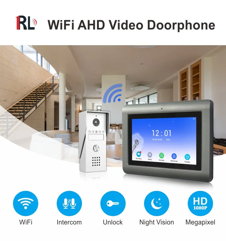 7 inch WIFI AHD Video Doorphone #RL-T07K-WIFI- With TuyaSmart APP - Max. 2 million pixels AHD camera. - Max. 128G TF card - Max. system capacity: 6 indoor units + 2 outdoor units + 2 surveillance cameras (with alarm function) 1