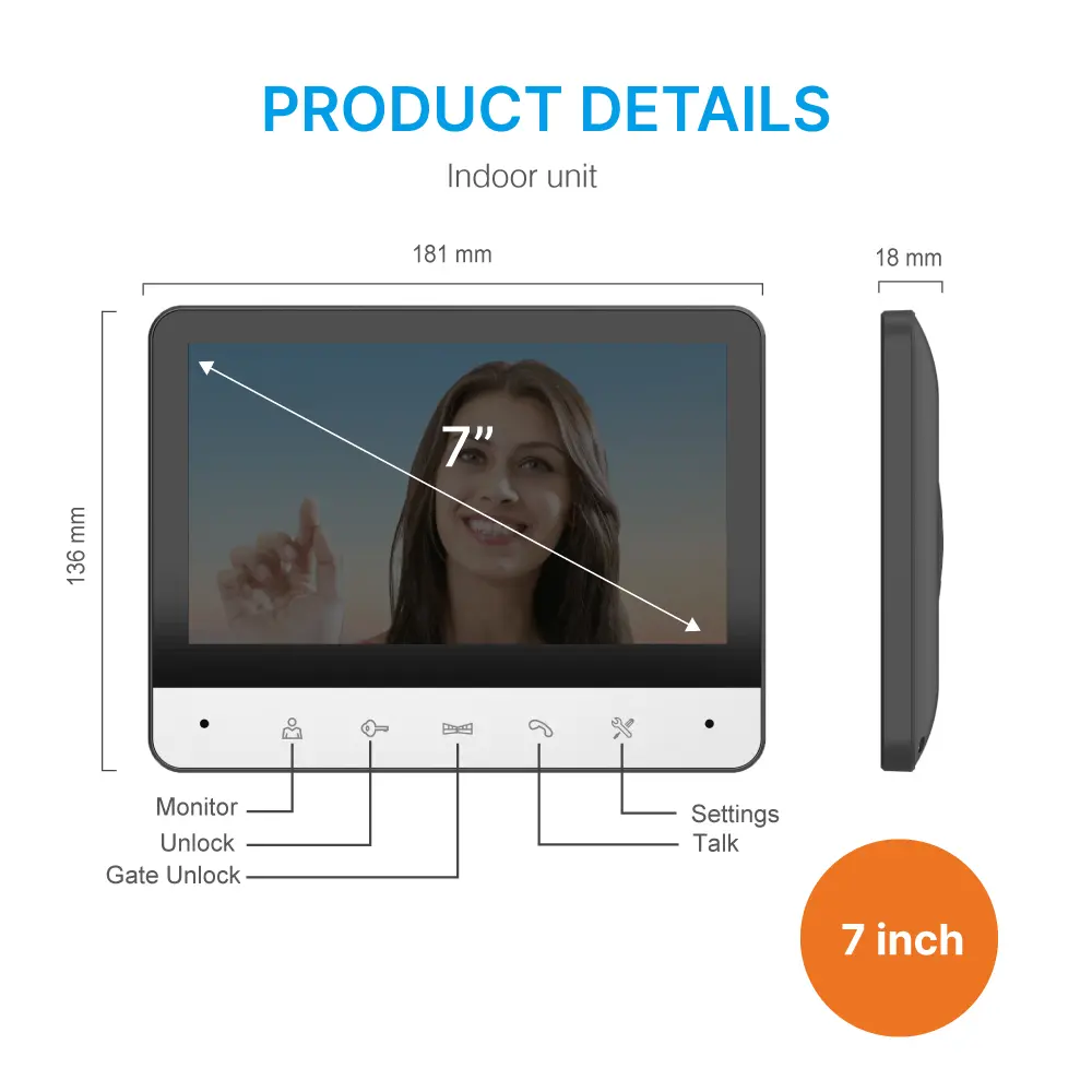 Tuya Smart 7 inch Video Doorphone #RL-B7BID-TY - Max. 64GB TF card.- IC card unlock, Password unlock.- Do not disturb function.- Max. 2 million pixels AHD camera.- Electric lock and gate lock release, unlock time can be set.- Capacitive touch buttons._12