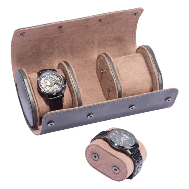 3 Slots Grey Lozenge PU Leather Watch Roll Travel Case-WR001(1)