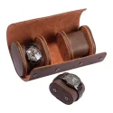 3 Slots Brown Lozenge PU Leather Watch Roll Travel Case-WR002(1)