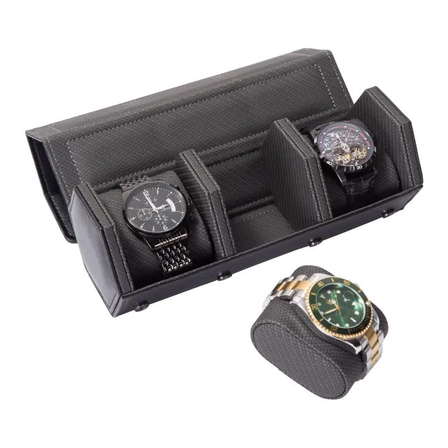 3 Slots Black PU leather watch roll travel case-WR008(1)