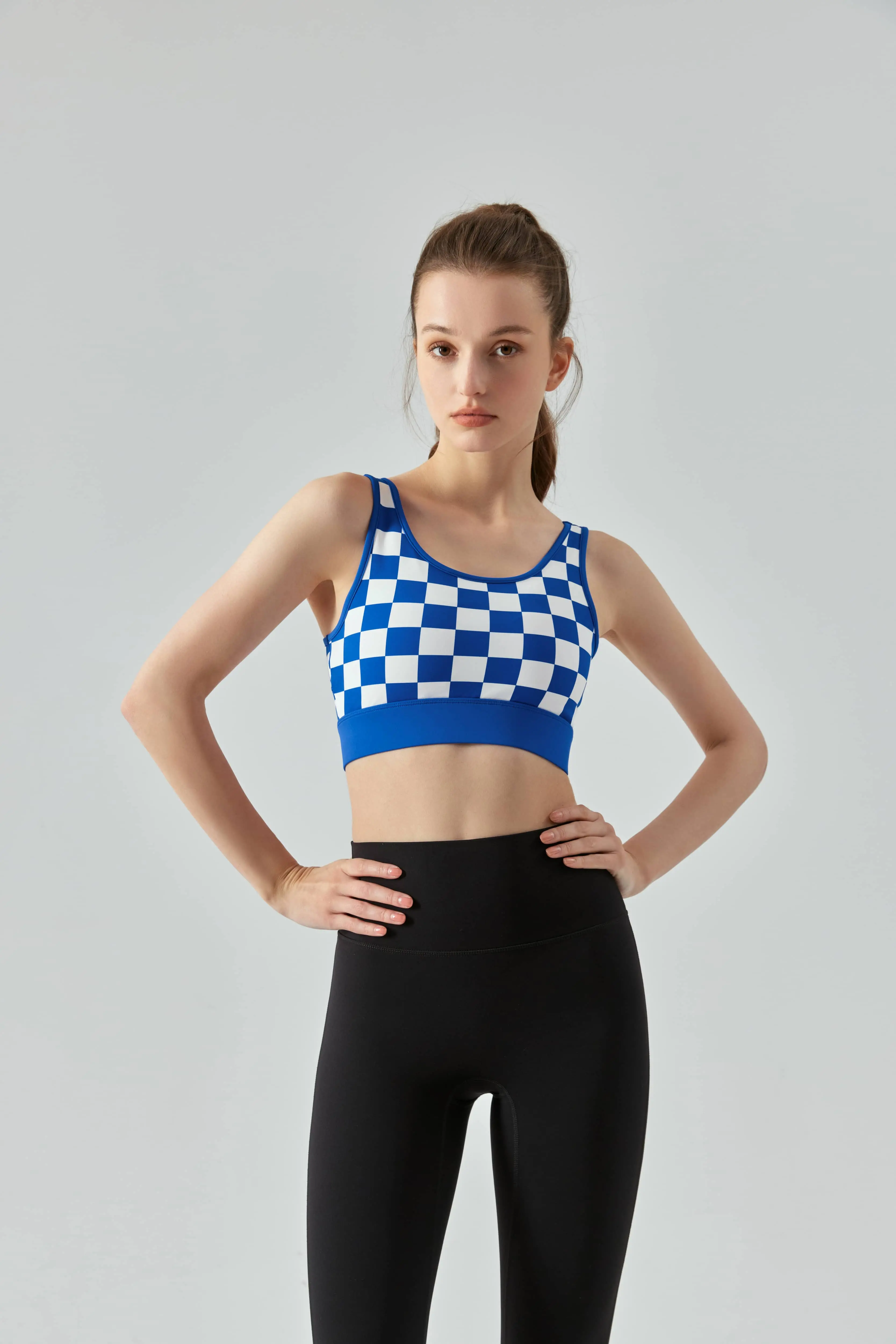 Nude Checkerboard Sports Bra for Running & Fitness