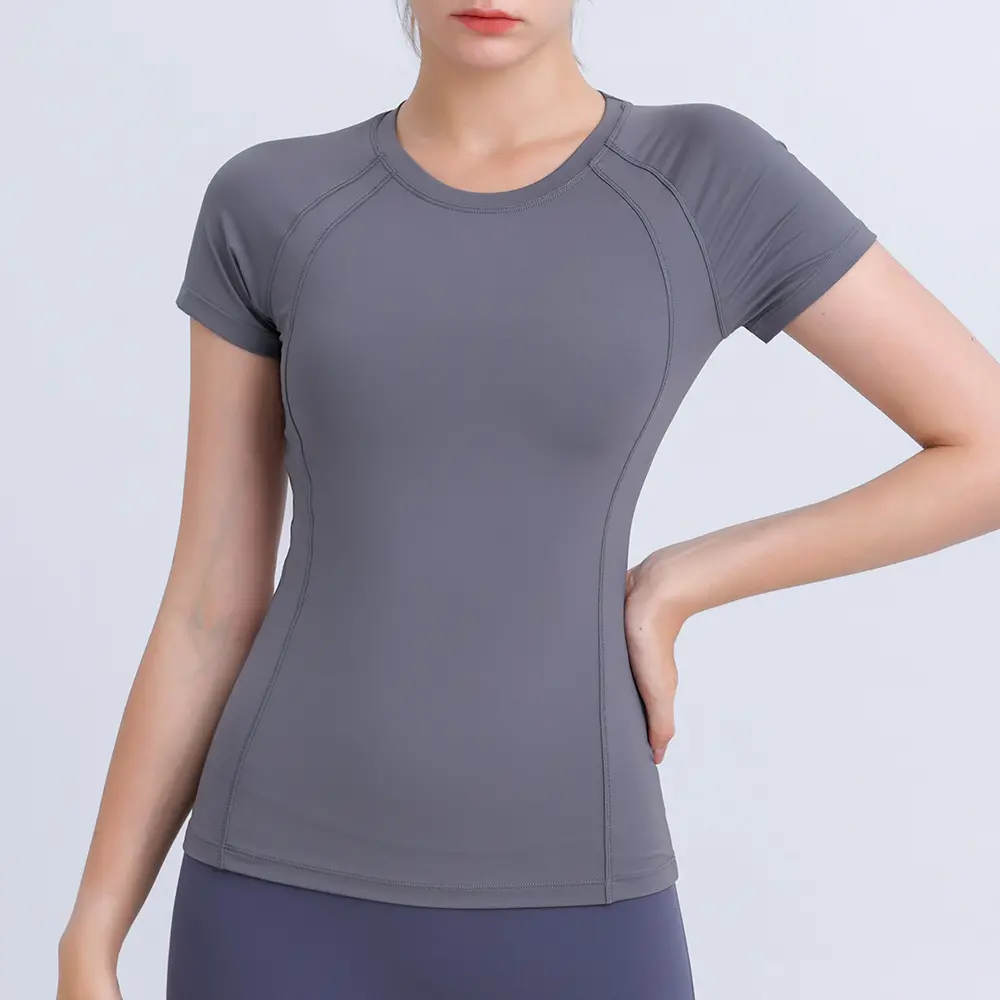Womens Short Sleeve Workout Tops Yoga Activewear T-Shirt - Grey